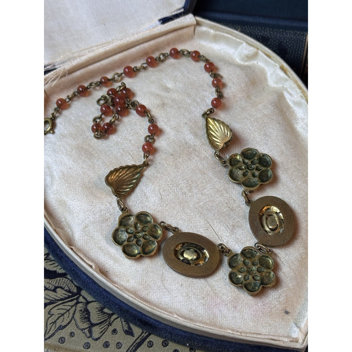 Victorian Revival Brass Necklace Portrait Links Coral Orange Glass Beads 16”