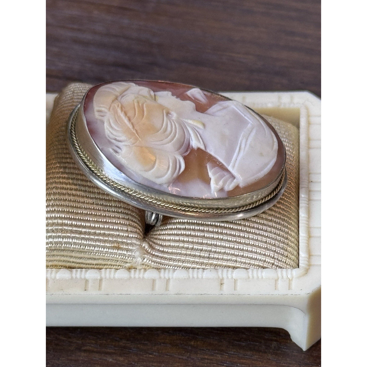 Vintage 800 Silver Shell Cameo Brooch Pendant Hand Carved Lady 1.25”