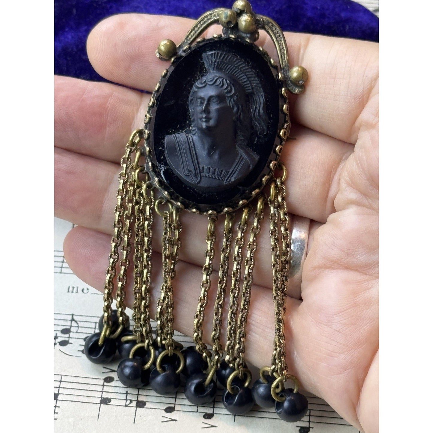 Black Cameo Brooch B Blumenthal & Co Goldtone Dangle Fringe 3.75” DAMAGED!