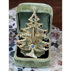 Vintage LJM Rhinestone Christmas Tree Brooch Goldtone Harp Wire Holiday Pin