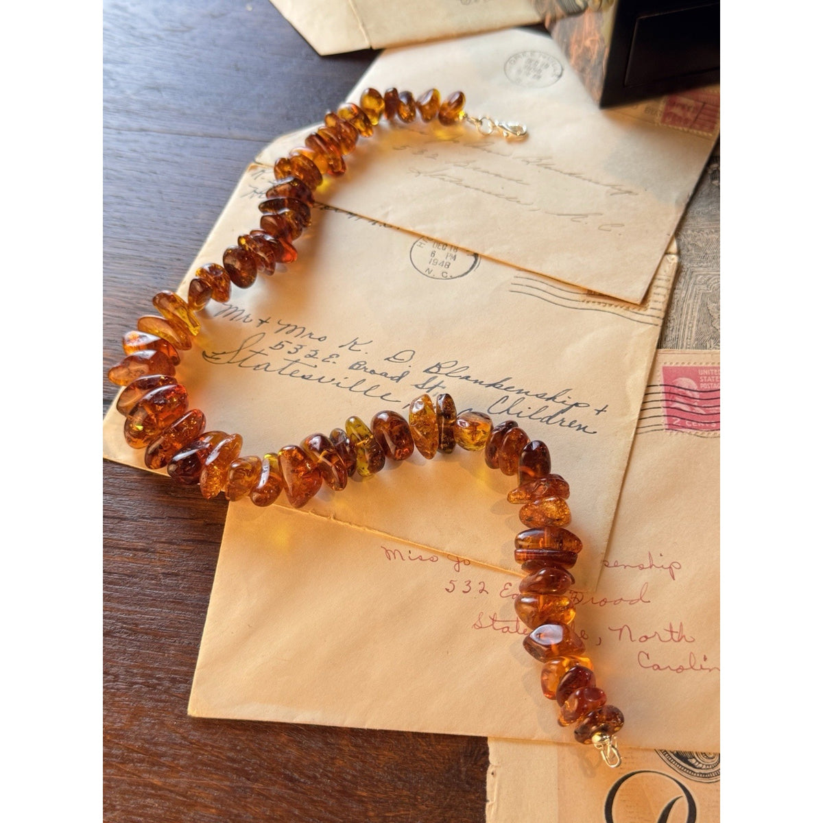 Vintage AMBER Necklace Chunky Graduated Nugget Beads Silvertone Clasp 16”