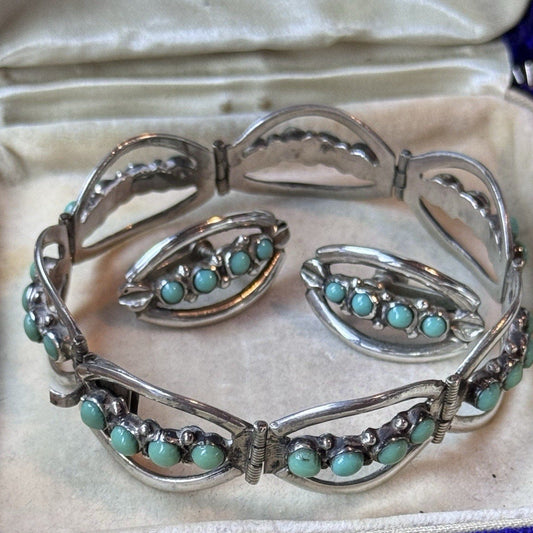 925 Bracelet Earrings Set Sterling Silver Green Cabochons Handmade ARTISAN