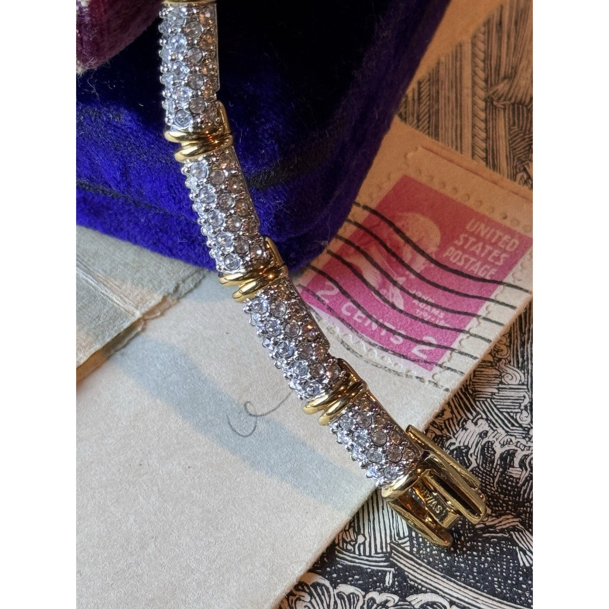 Swarovski Crystal Bracelet Goldtone Pavé Tennis Link Signed 7” 8” w. Extension