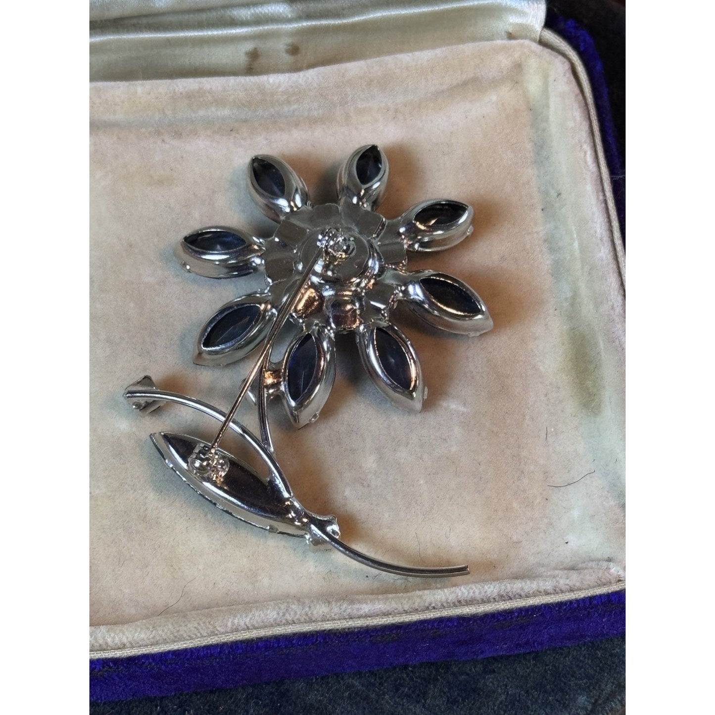 Vintage Blue & Green Rhinestone Flower Brooch Silver Tone Floral Pin 2.5”