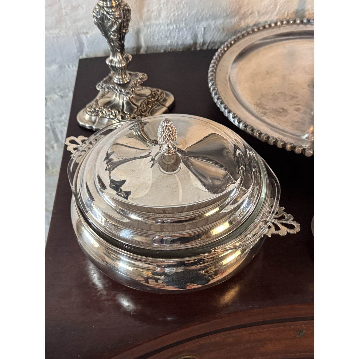 Silverplate Casserole Server Sheffield Silver Co Pyrex Insert Pinecone Lid 9”