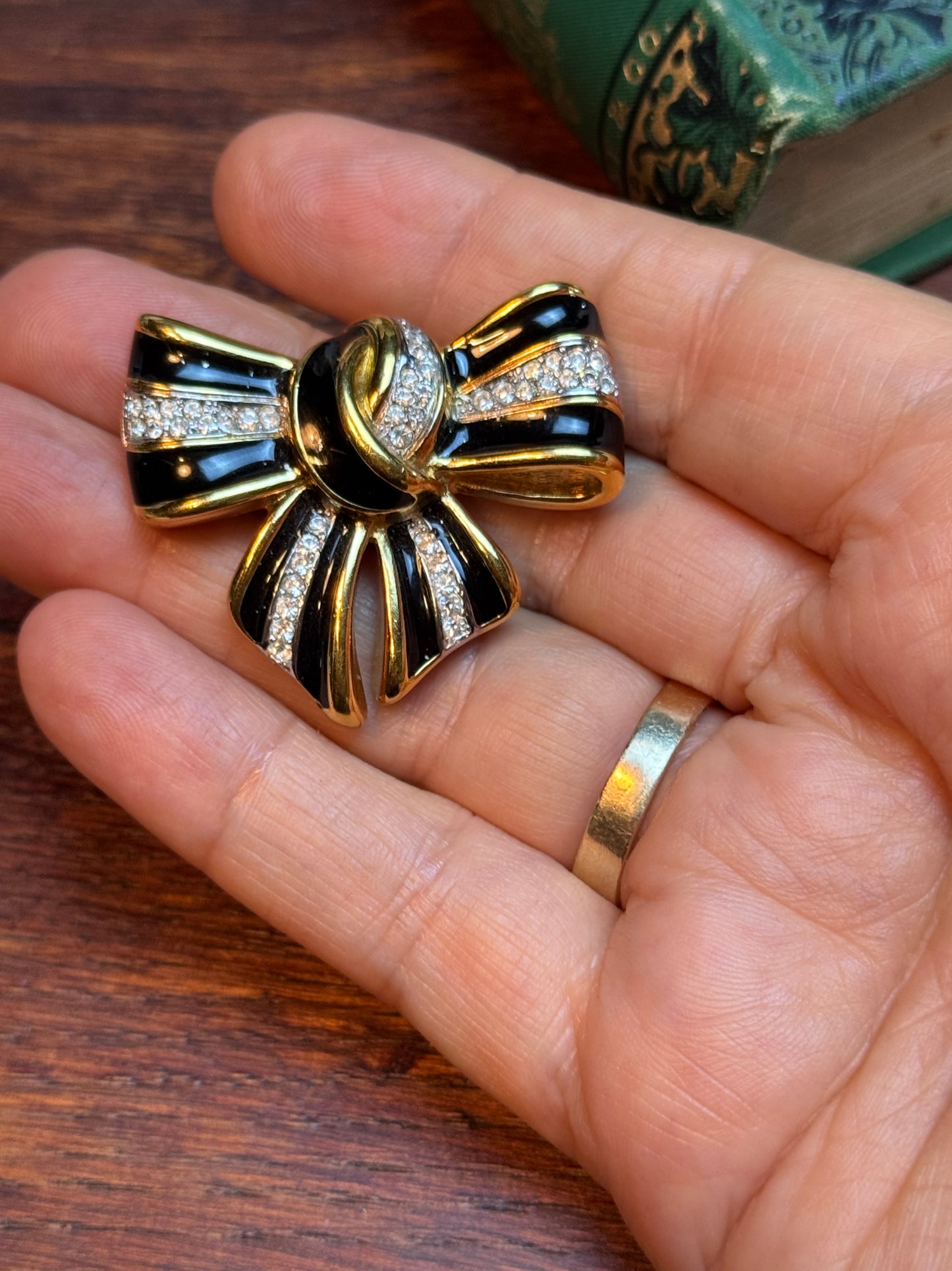 Vintage Lanvin Paris Bow Brooch – Black Enamel & Swarovski Crystal – Signed Lanvin Germany
