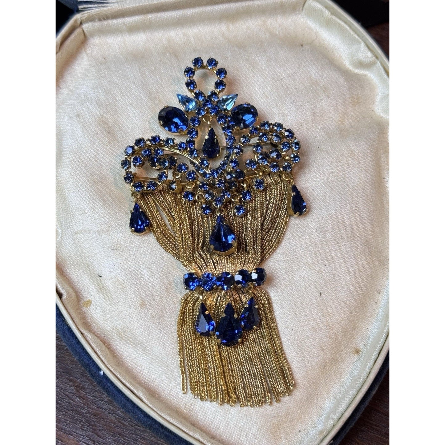 Vintage Blue Rhinestone Tassel Brooch Goldtone Statement Pin 4” Fringe