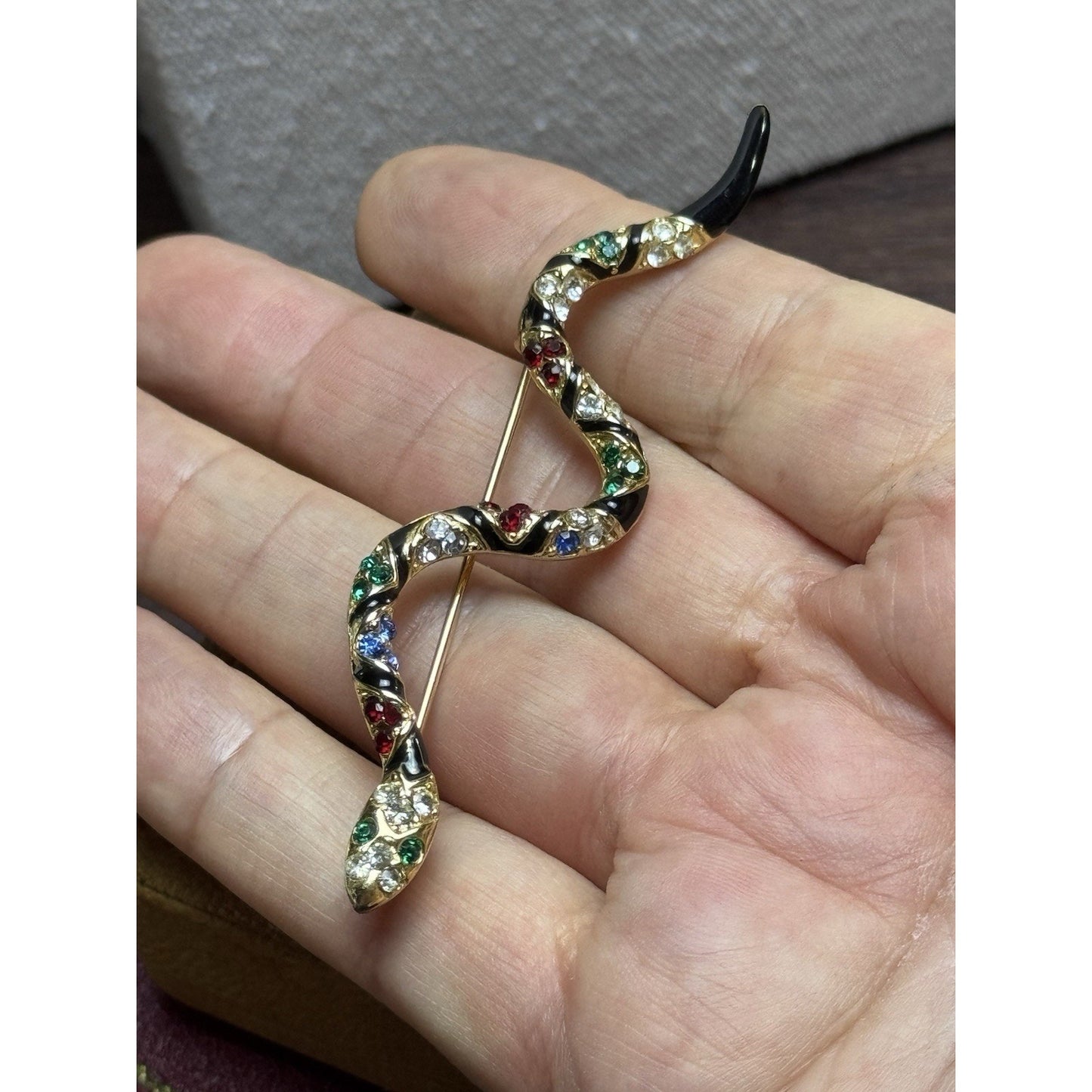 Vintage Serpent Brooch Victorian Revival Rhinestone Black Enamel Snake Pin 3.25”