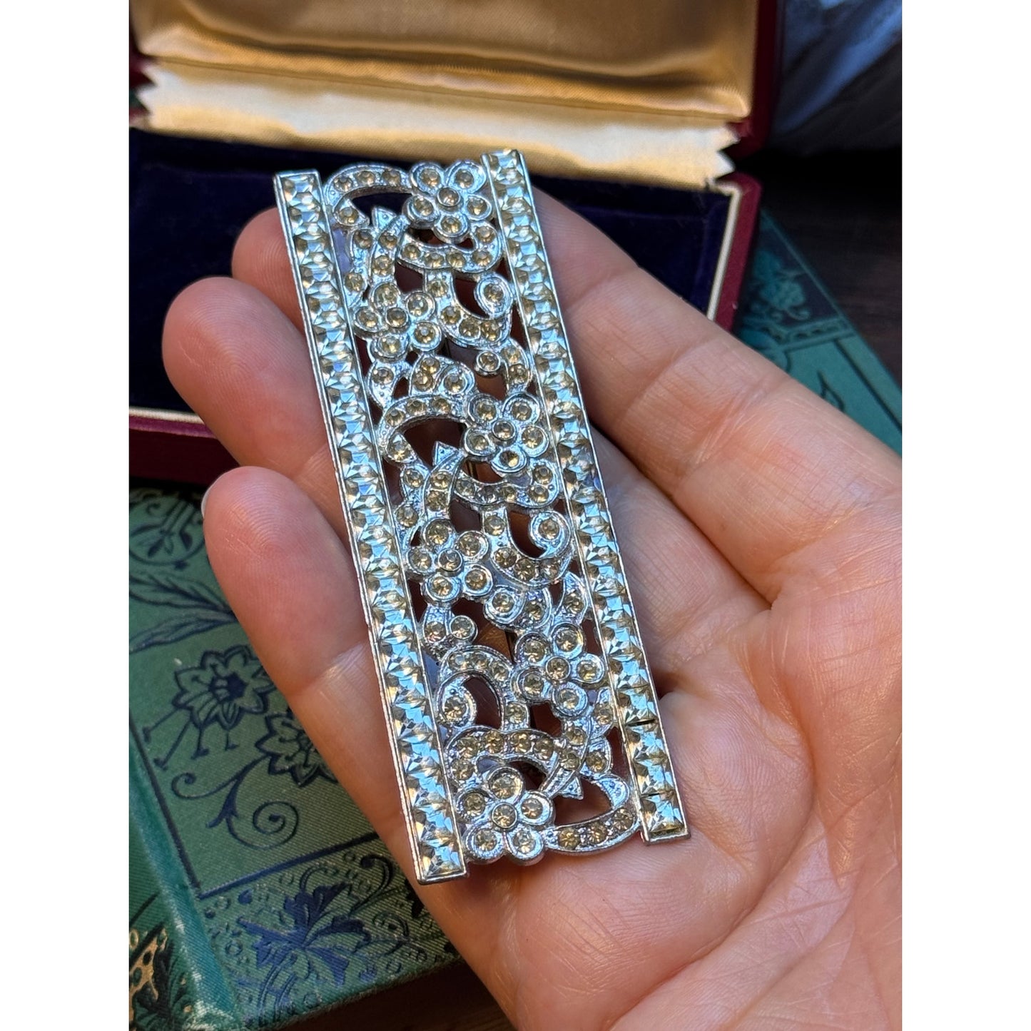 Vintage Blue Rhinestone Brooch Floral Ribbon Bow Statement