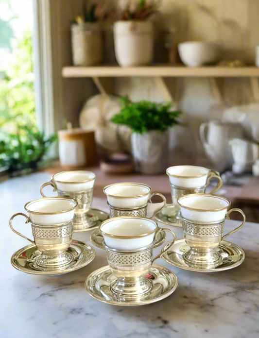 6 Espresso Cups - Demitasse STERLING English Bone China TUSCAN Inserts England Plummer LTD