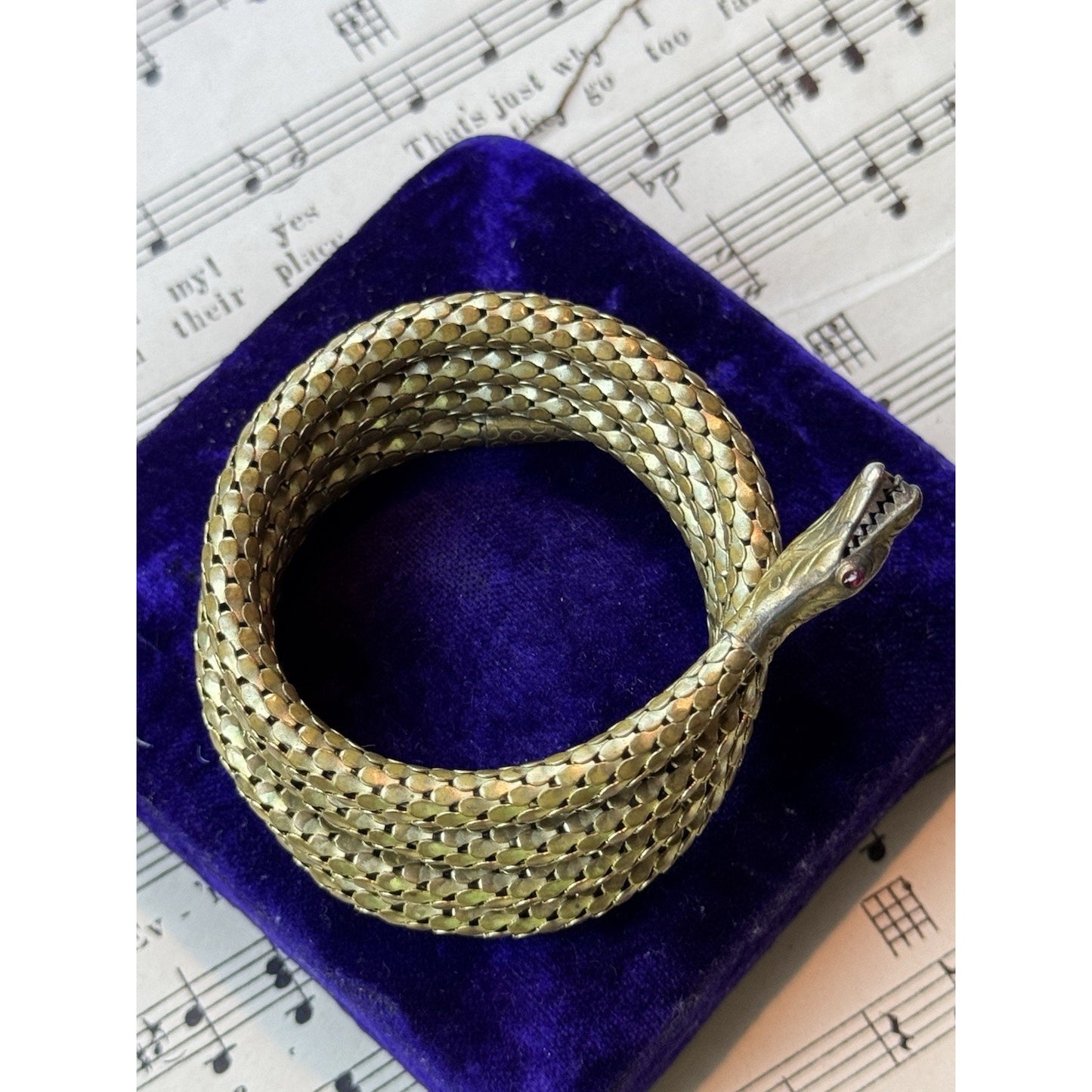 Snake Coil Bracelet Victorian STYLE Goldtone Red Glass Eyes 6.25” x 1”