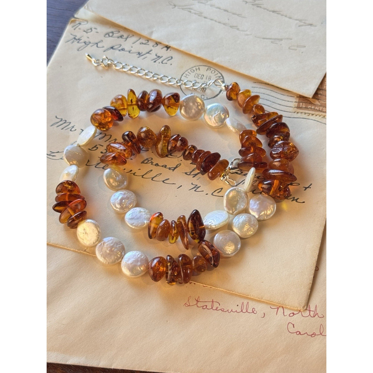 Amber Necklace Cultured Pearl Coin Nugget Beads Silvertone Lobster Clasp 22”