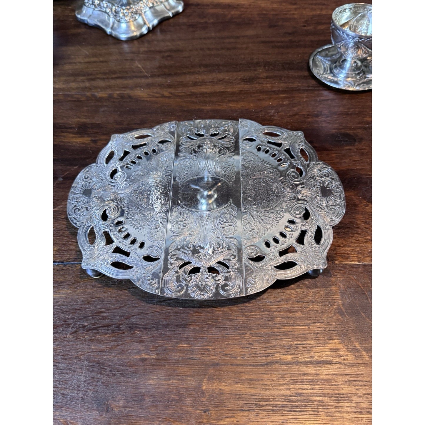 Vintage Silverplate Expandable Trivet Ornate Reticulated 10.5” To 12.5”