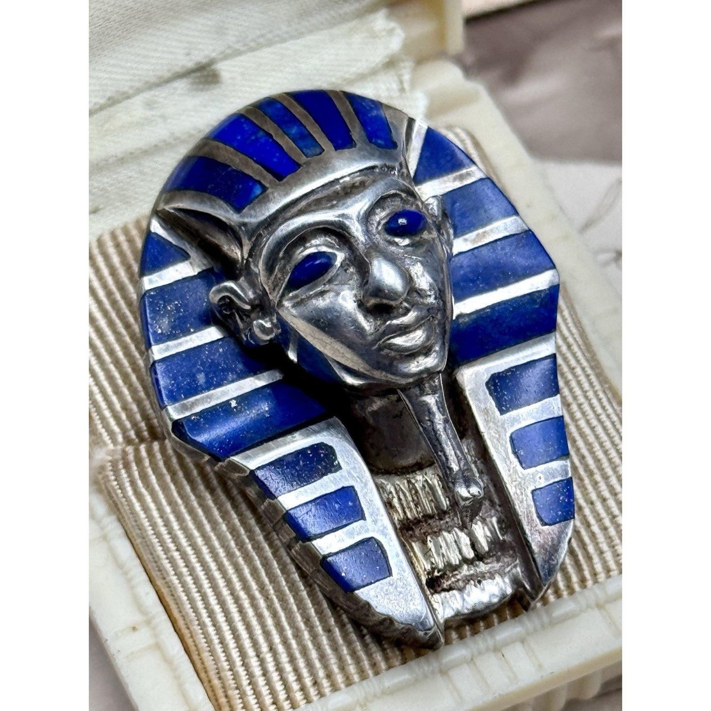 King Tut Pendant Lapis Lazuli Vintage Plata 980 Silver Egyptian Revival 1.5”