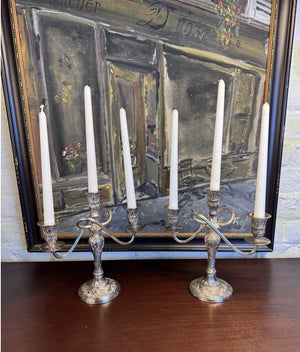 Candelabra Pair Silverplate WM Rogers 3 Light Ornate Floral Scroll Vintage 10”