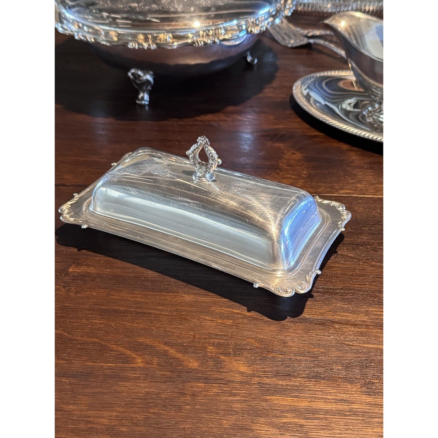 Silverplate Butter Dish Glass Insert Covered 7.5” Crescent International Silver