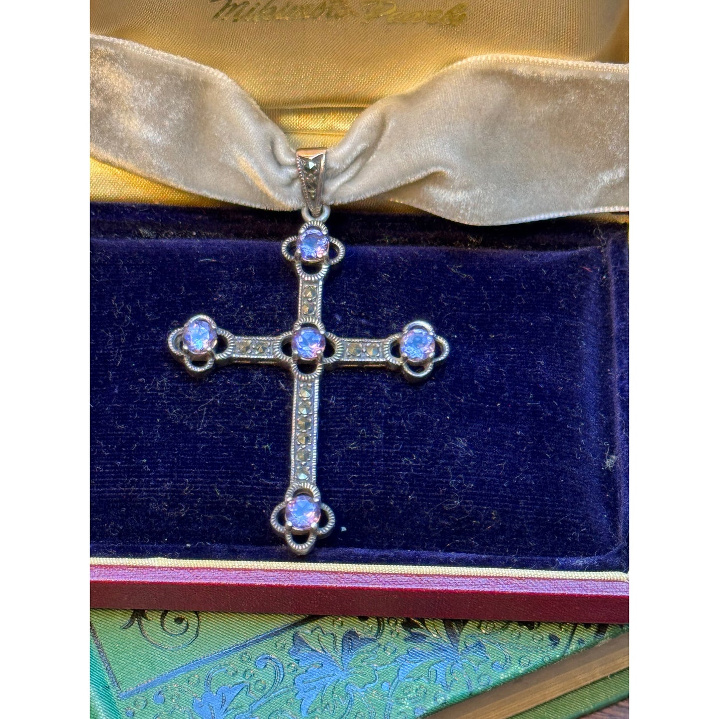 Antique Style Cross Pendant Marcasite Purple Glass Rhinestone Silver Tone 2"