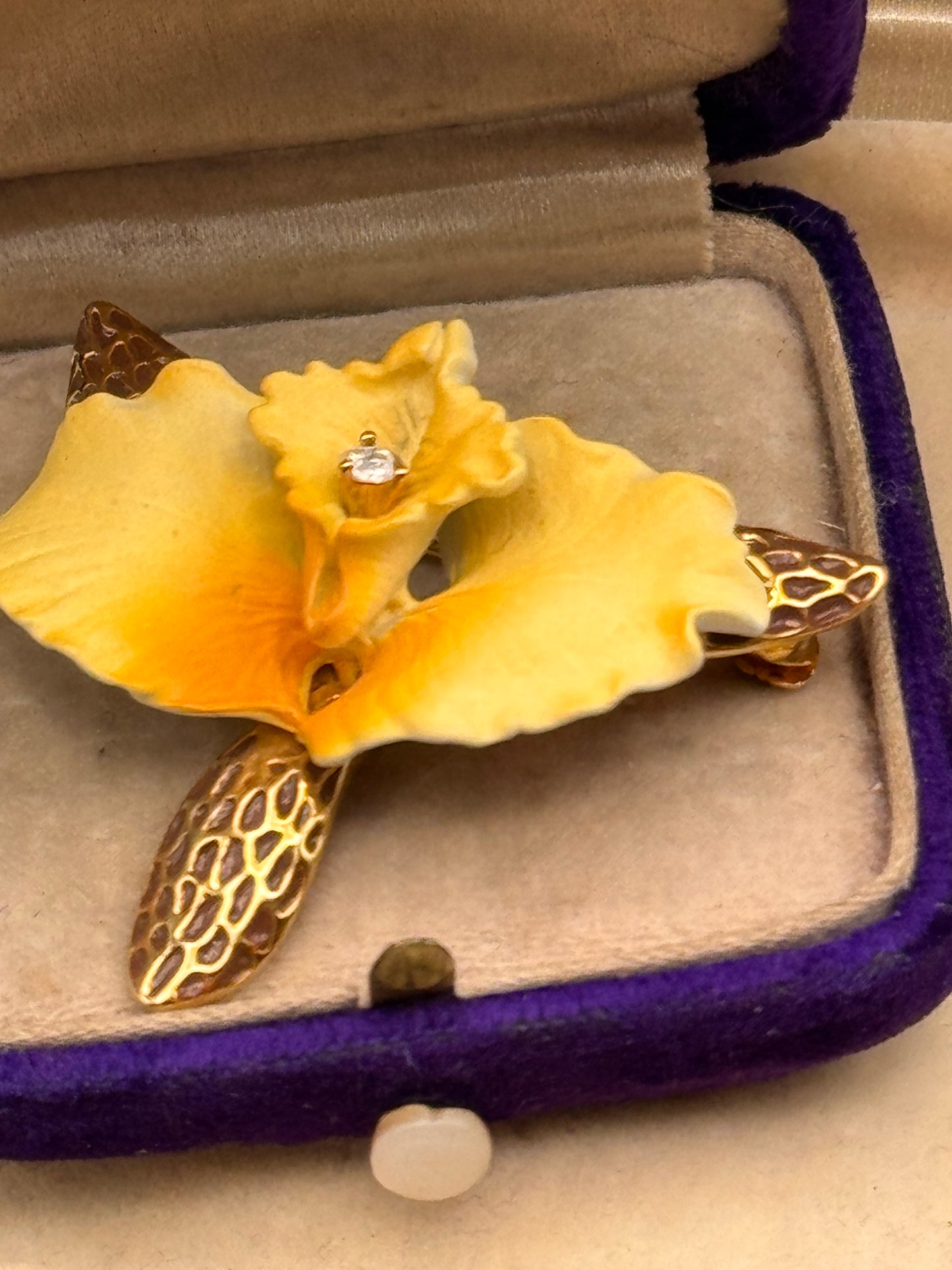 Vintage Joan Rivers Orchid Brooch Yellow Enamel Rhinestone Goldtone Signed 1.75”