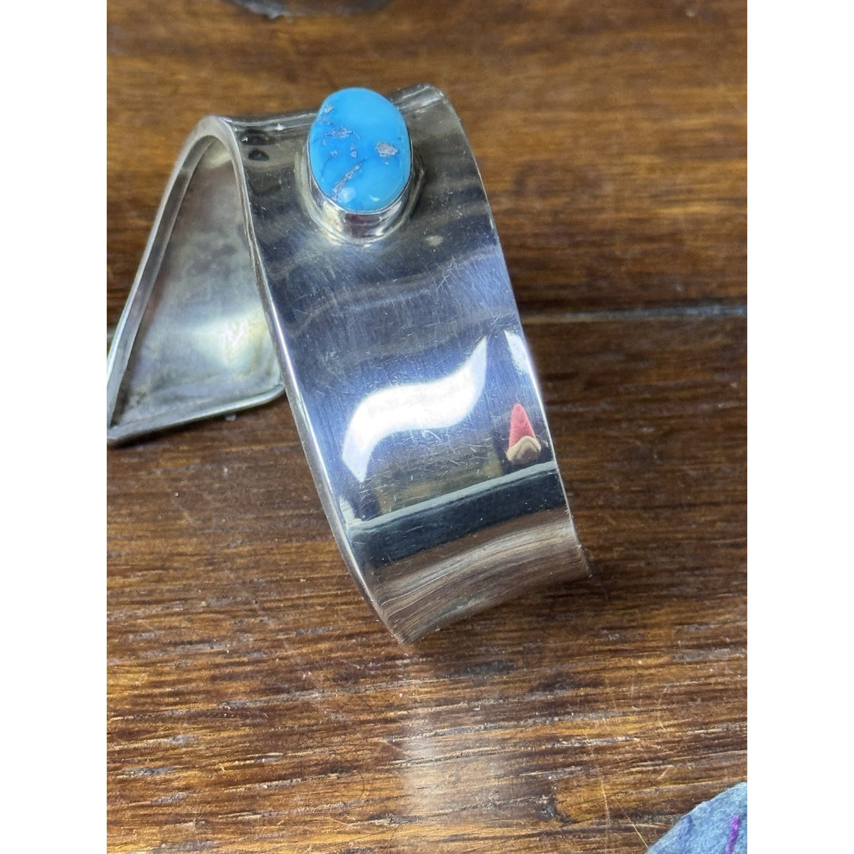 Sterling Silver Cuff Bracelet Blue Stone Wide Modernist Style 6.75” Wrist Size