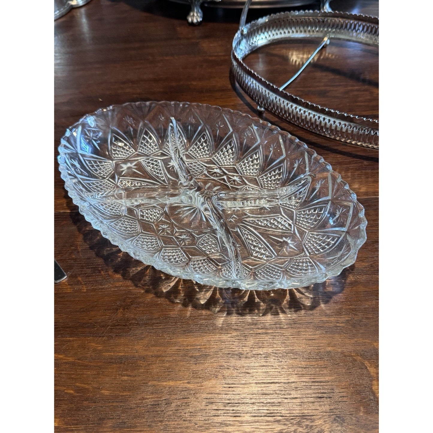 Vintage Silverplate Relish Tray Cut Glass Divided Dish Pickle Castor w Forks