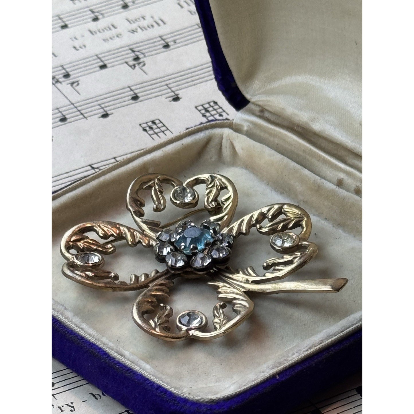 Vintage Clover Brooch 2.75” Goldtone Rhinestone Four Leaf Good Luck Jewelry