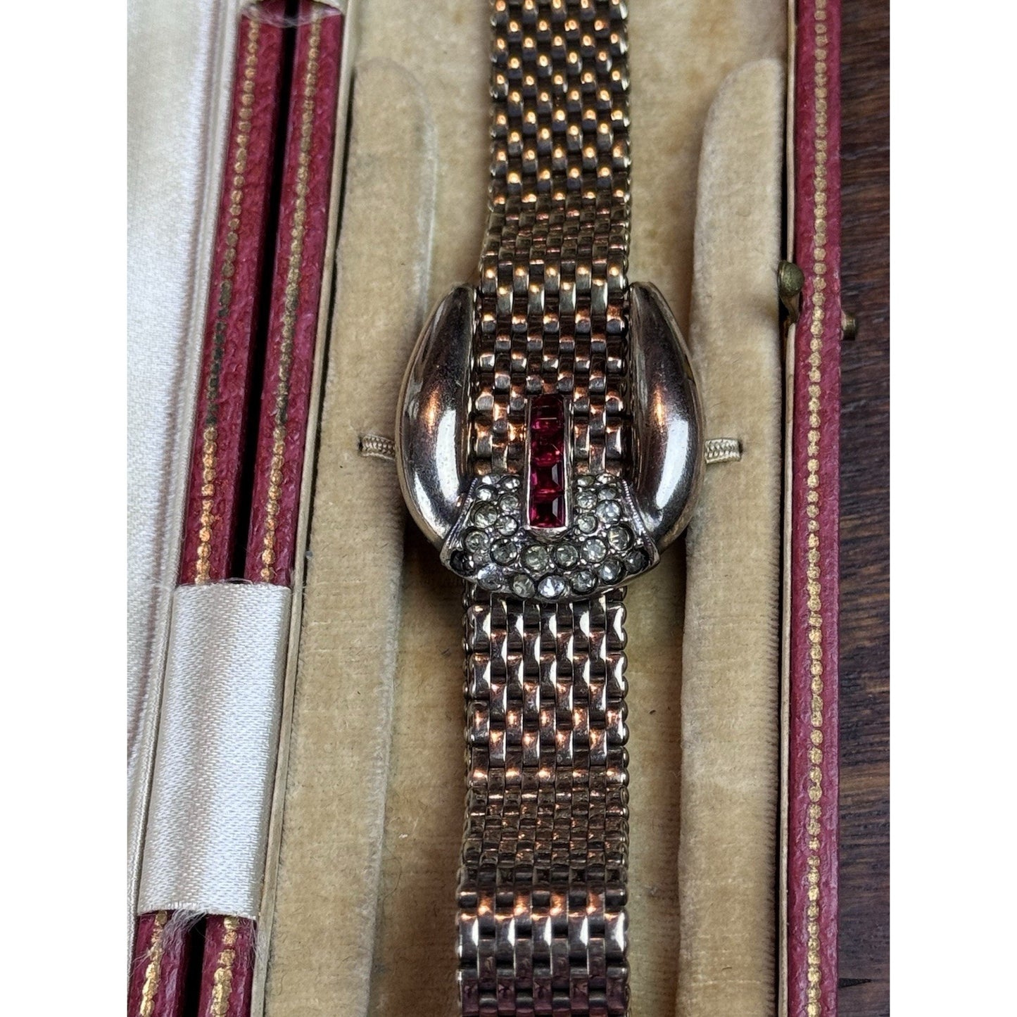 Vintage 1940s Kreisler Mesh Buckle Bracelet Red Glass Rhinestones Goldtone 7”
