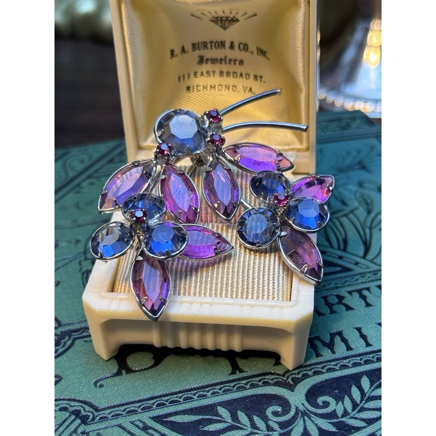 Vintage Blue Pink Rhinestone Flower Brooch Duo Set Silver Tone Floral Pins