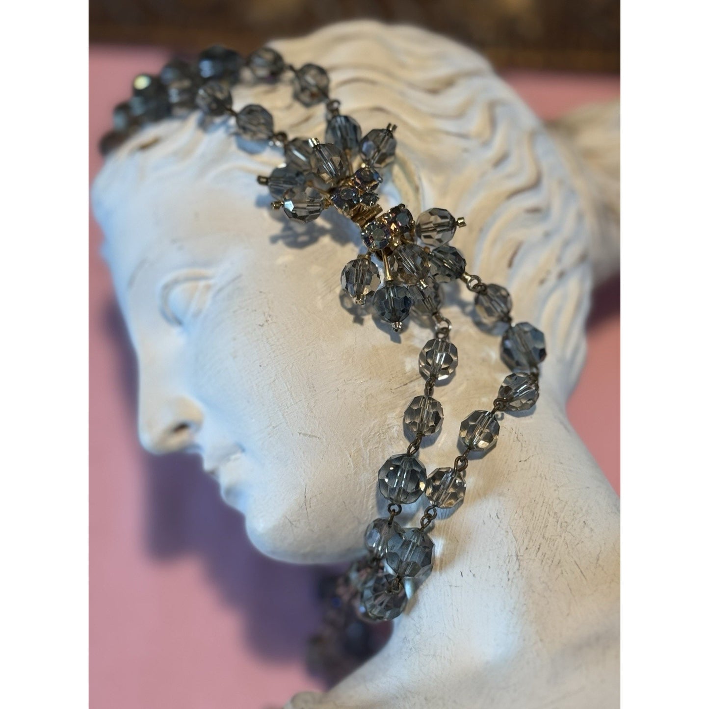 Vintage Austrian Crystal Bead Necklace Signed Gray Blue Faceted Beads 16”