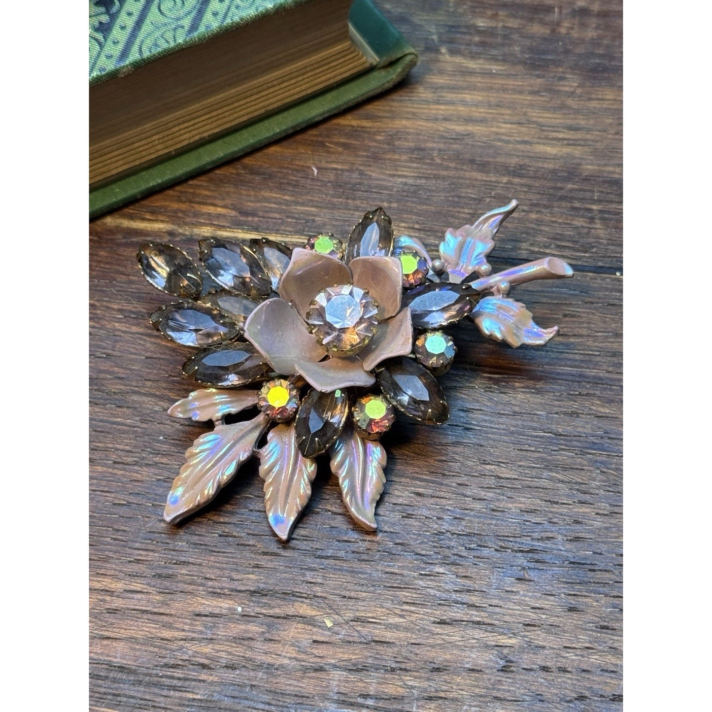 Vintage Lilac Enamel Floral Spray Brooch Smoky Lavender Rhinestones 3”