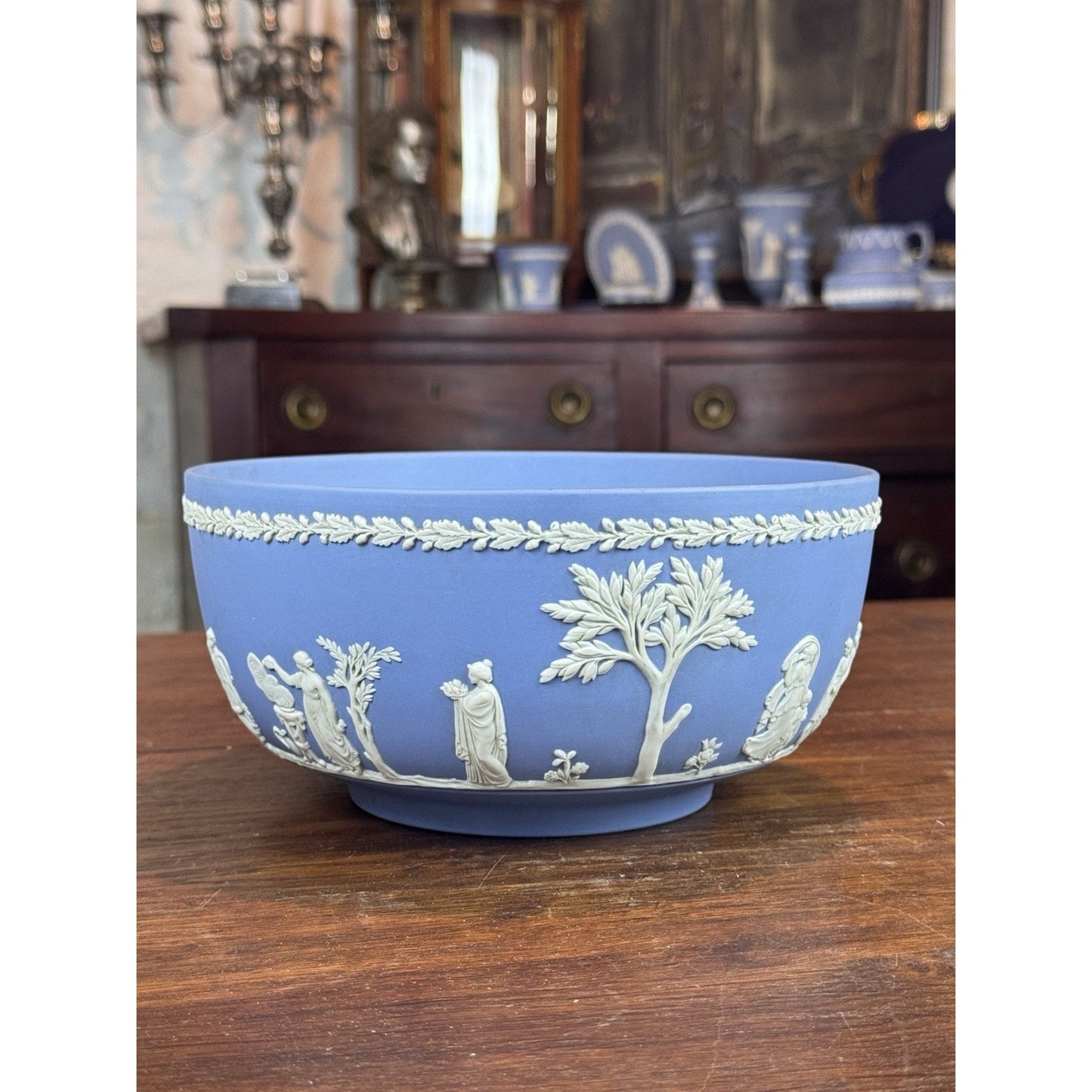Vintage Wedgwood Jasperware Bowl Blue White Classical Figures England 8”