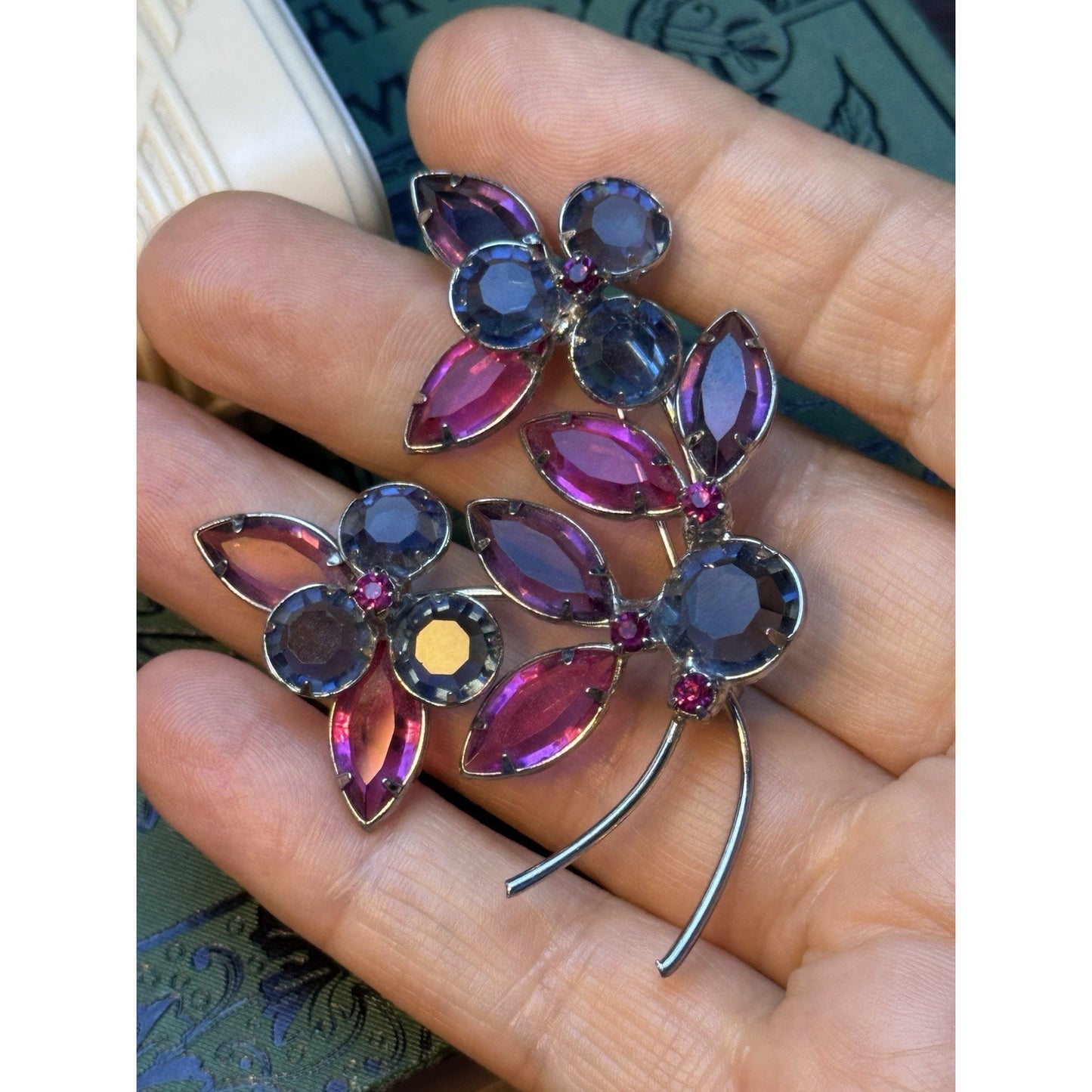 Vintage Blue Pink Rhinestone Flower Brooch Duo Set Silver Tone Floral Pins