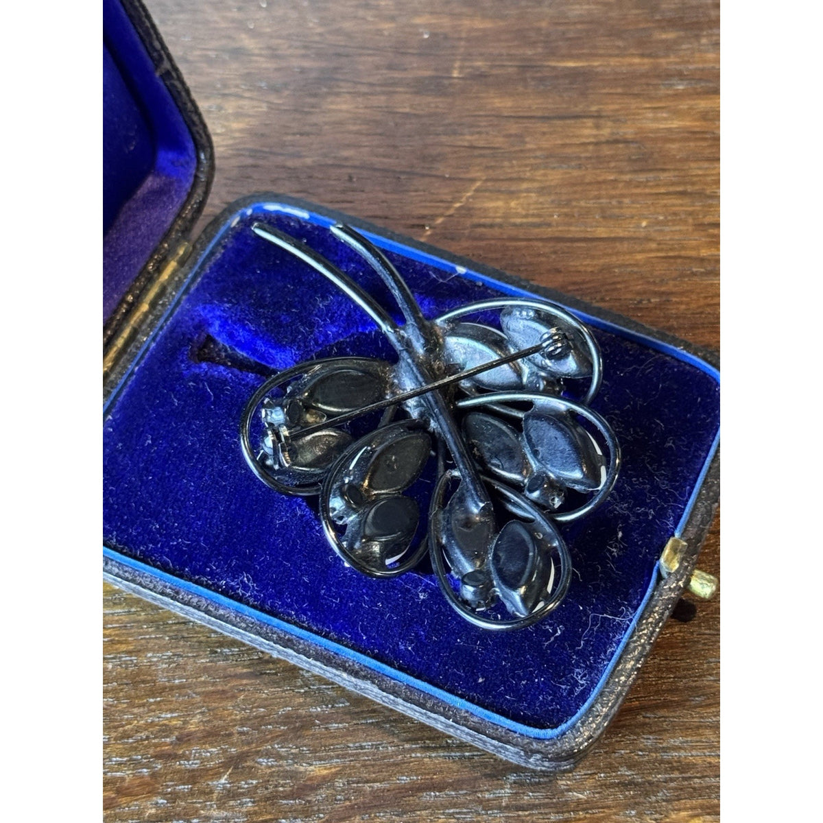 Vintage Brooch Black White Glass Floral Spray Japanned Statement Pin 2.5”