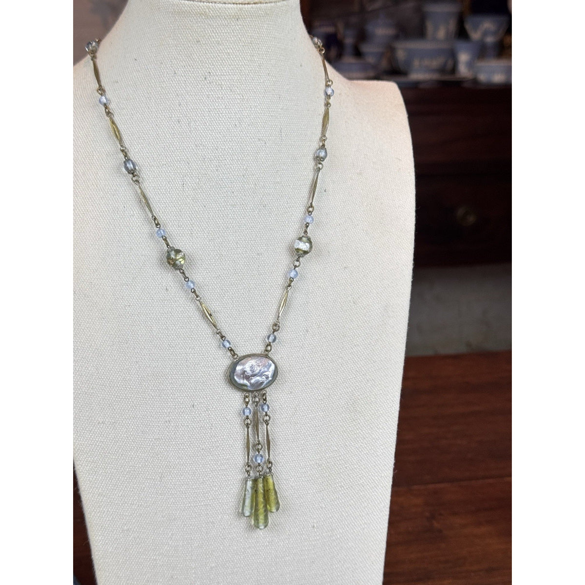 Antique Czech Style Art Glass Necklace Blue Green Glass Dangle Drop 20”