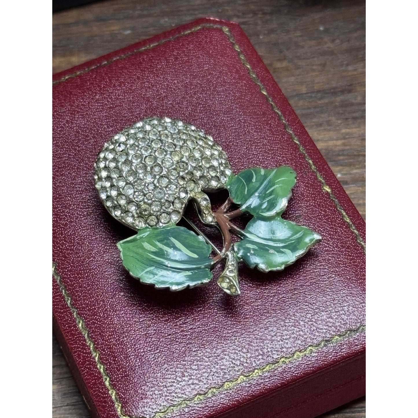 Vintage Rhinestone Apple Brooch Green Enamel Leaves Figural Fruit Pin