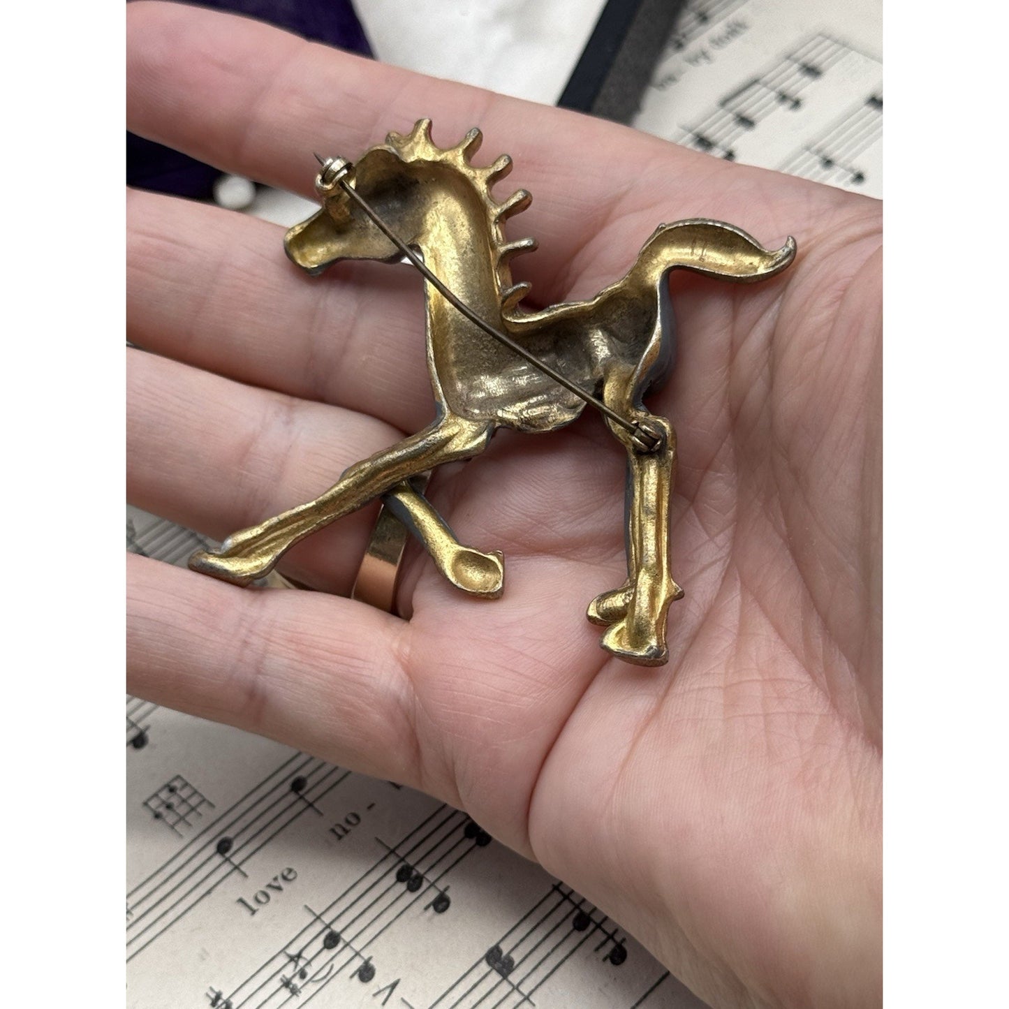 Vintage Horse Brooch Hand Painted Gray Red Gold Enameled Figural Equestrian