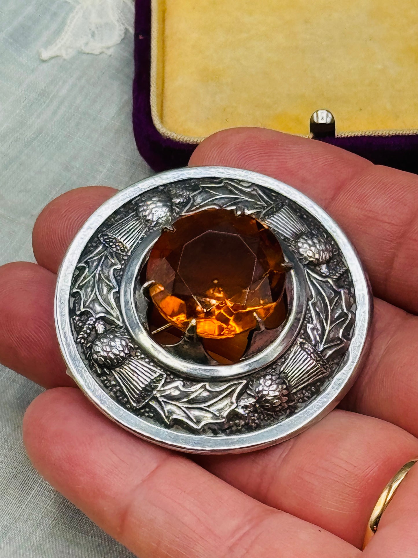 Scottish Thistle Brooch Silver Tested Amber Glass Faceted Stone 1.75” Signed Made Britain
