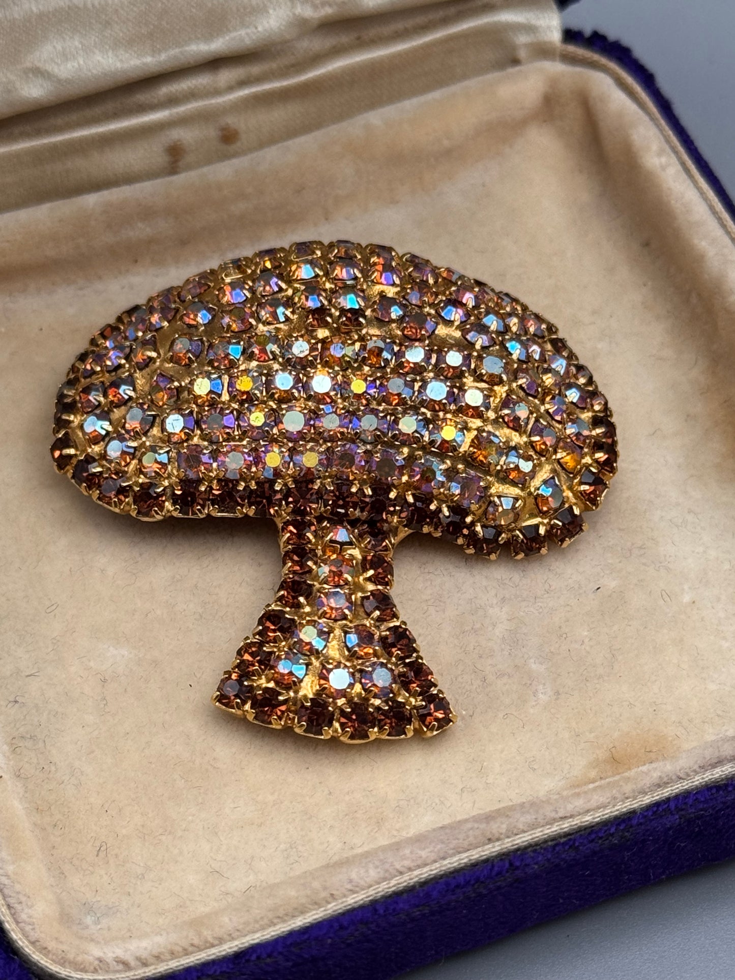 Vintage Rhinestone Mushroom Brooch Goldtone Aurora Borealis 2″