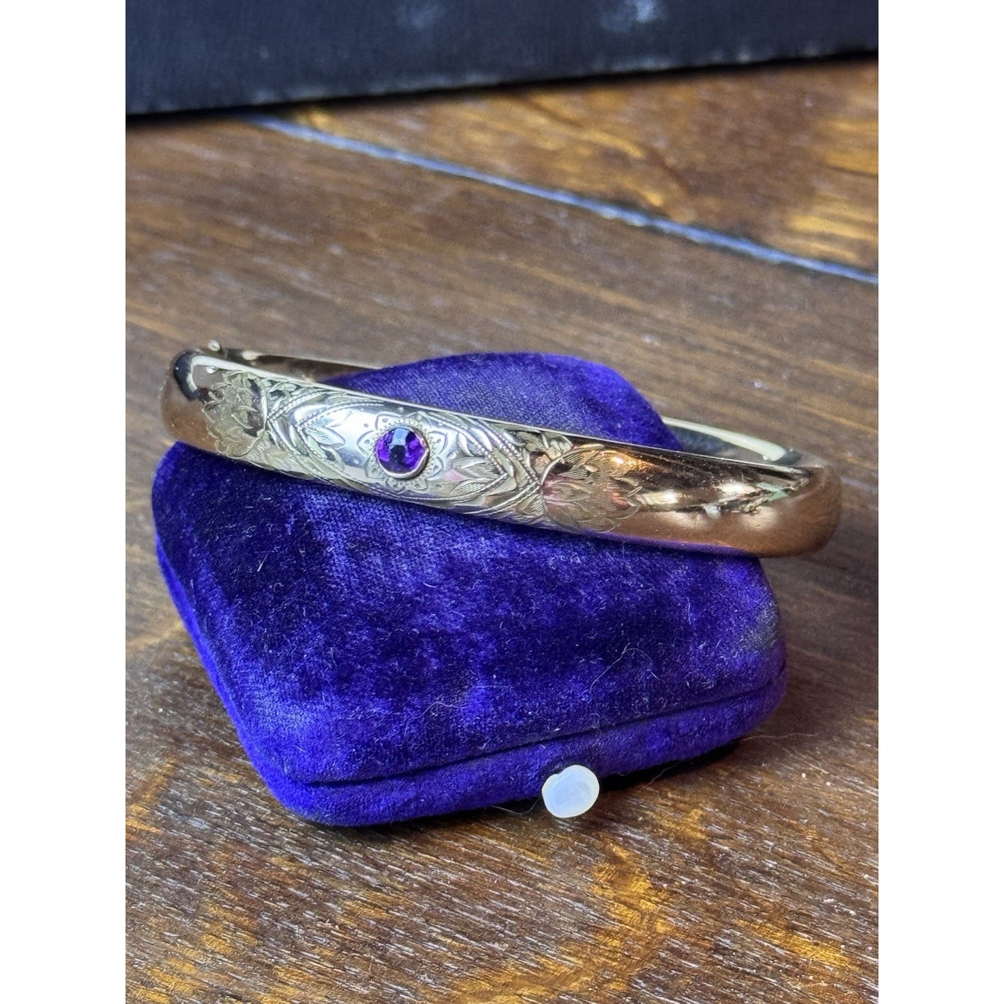 Antique EDWARDIAN Gold-Filled Bangle Bracelet Purple Stone Engraved Hinged 7.25”
