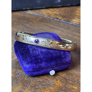 Antique EDWARDIAN Gold-Filled Bangle Bracelet Purple Stone Engraved Hinged 7.25”