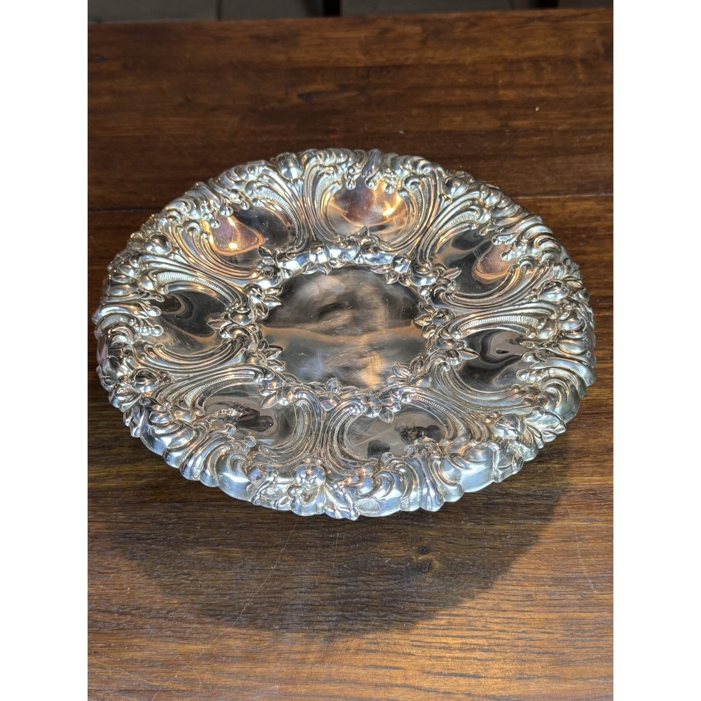 Gorham Repoussé Serving Tray Silverplate Floral Scroll Round 10.5” Vintage