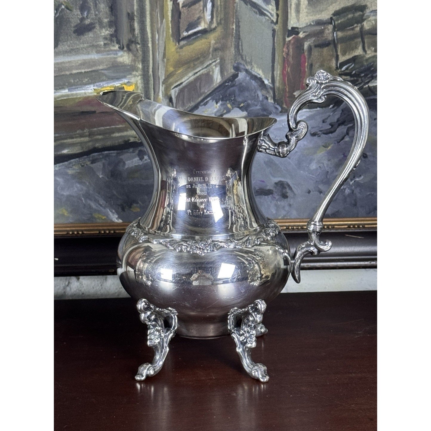 Silverplate Pitcher Footed Ornate Presentation Ewer Engraved 1972 10”h