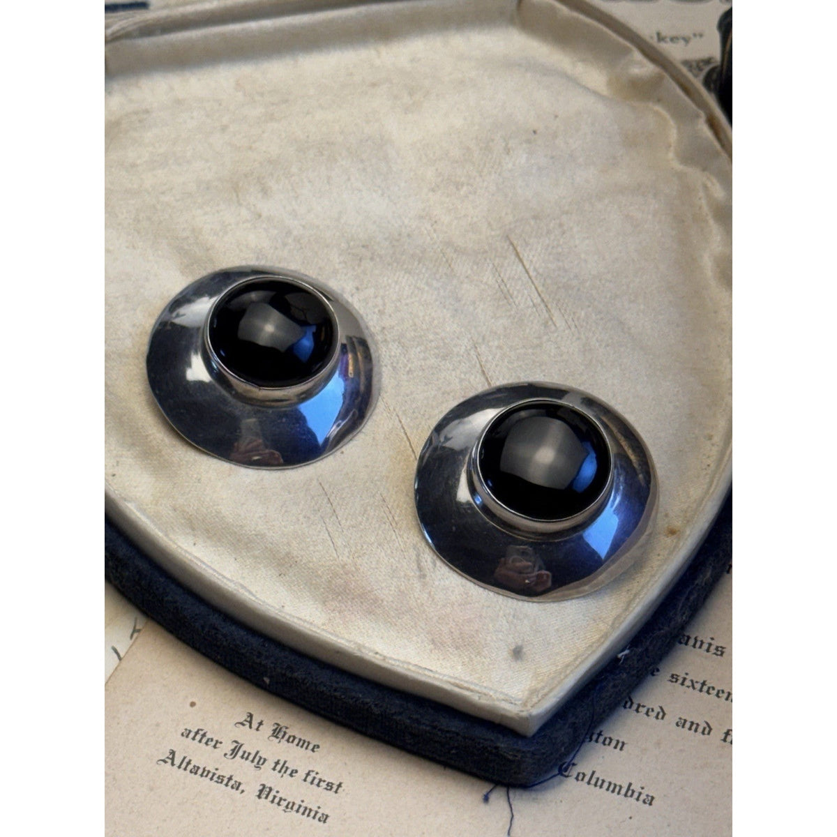 C&S Sterling Silver Black Onyx Post Earrings Round Modernist Statement 1 3/8”
