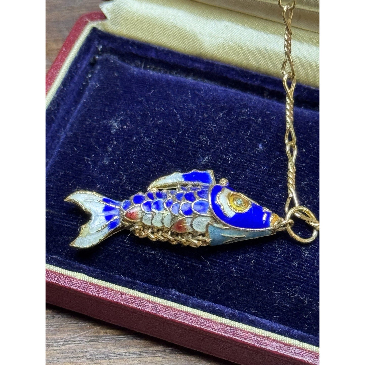Articulated Koi Fish Pendant Necklace Blue Enamel Goldtone 28” Monet Chain
