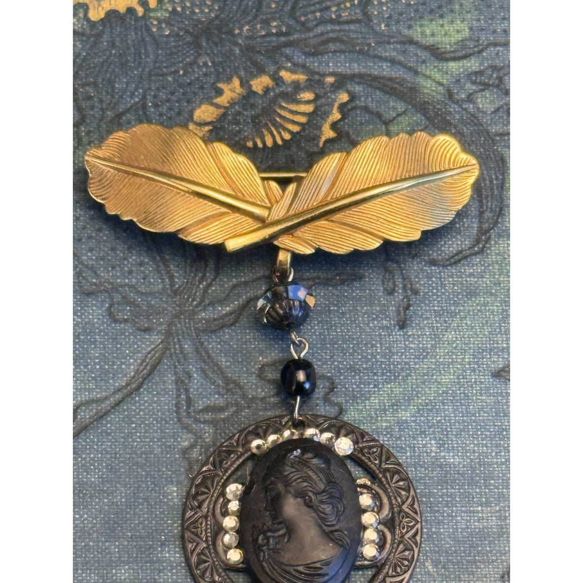 Cameo Brooch Gold Filled Hook Black Rhinestone Pendant Vintage 2.25” x 1.75”