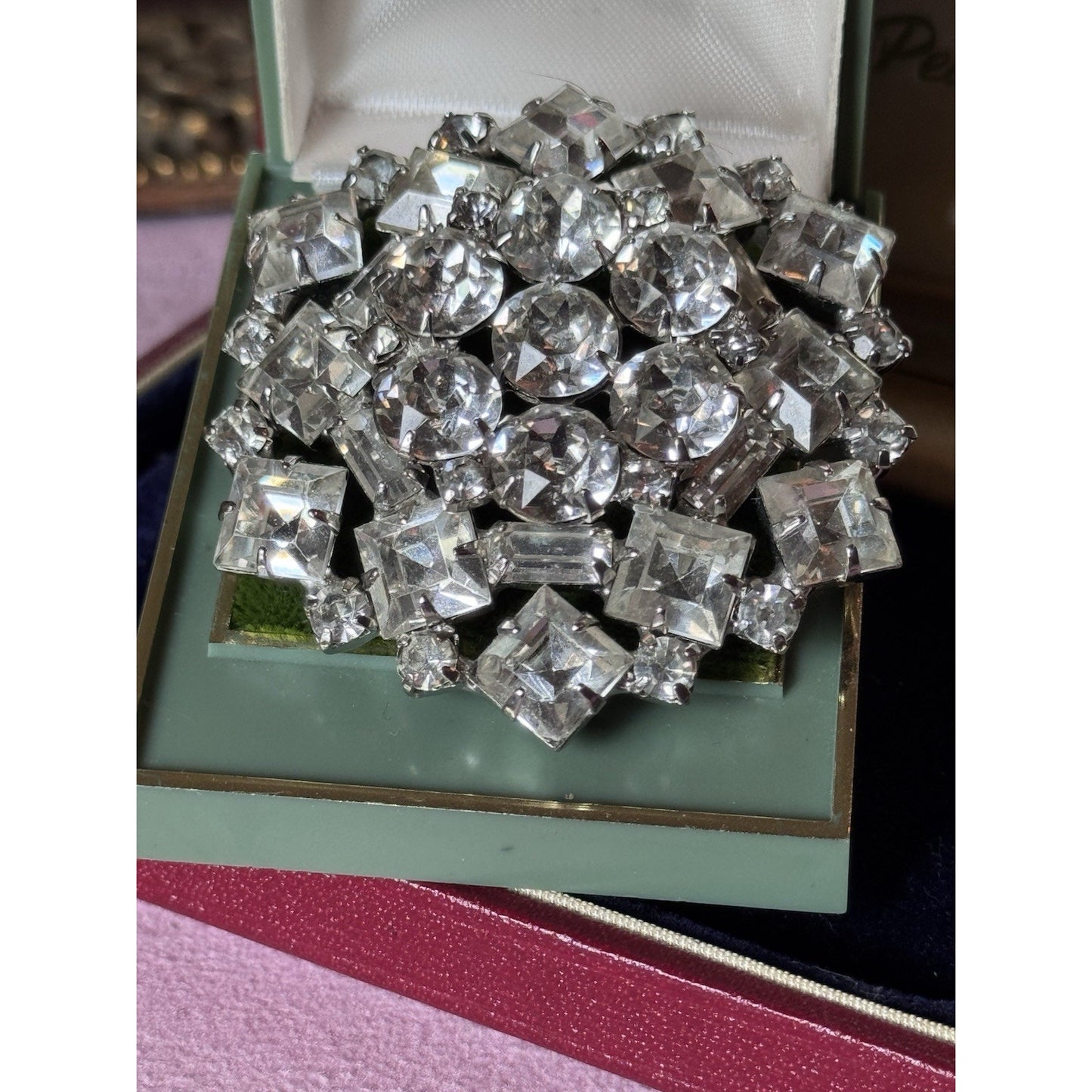 Vintage WEISS Brooch Clear Rhinestone Signed 2” Round Baguette Square