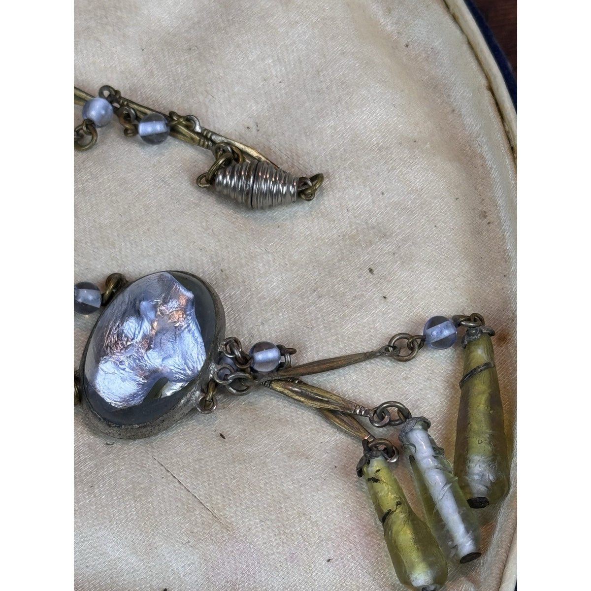 Antique Czech Style Art Glass Necklace Blue Green Glass Dangle Drop 20”
