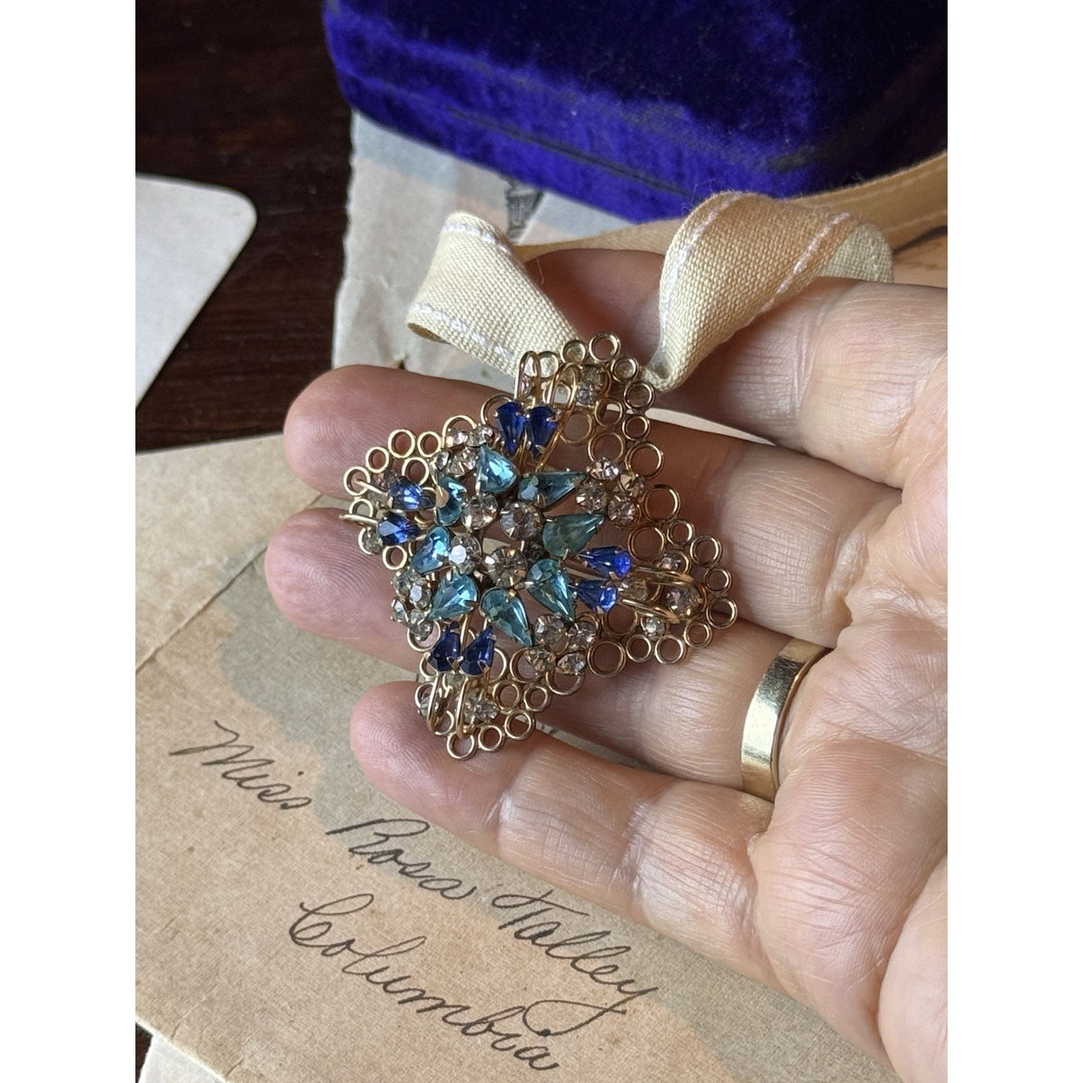 Deri Brooch Pendant Blue Rhinestone Gold Filled SIGNED 2” Vintage