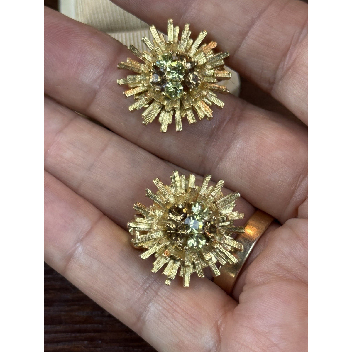 Vintage Clip Earrings Rhinestone Starburst Goldtone Green Brown .75”