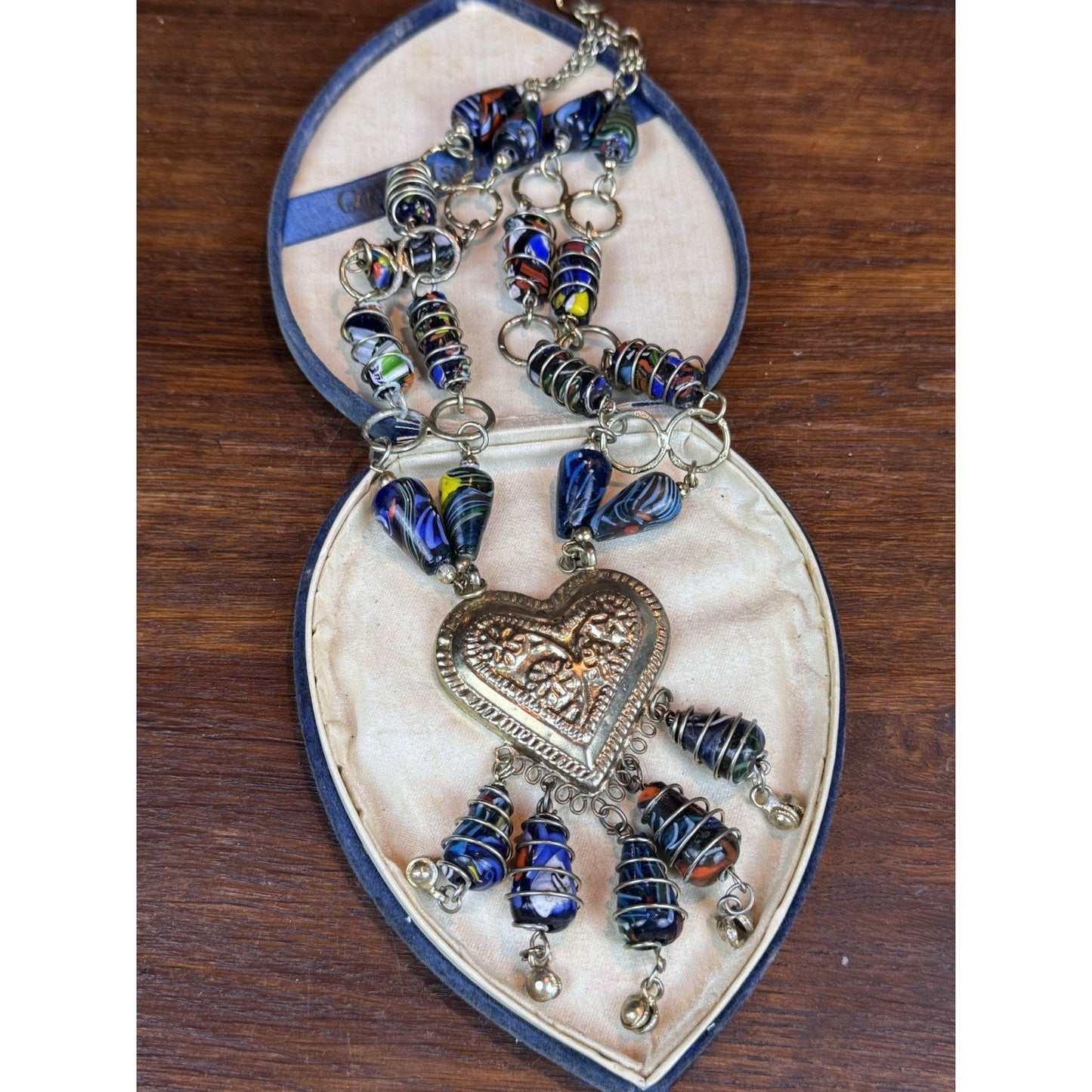 Millefiori Glass Necklace Double Strand Heart Pendant Artisan Statement 23.5”
