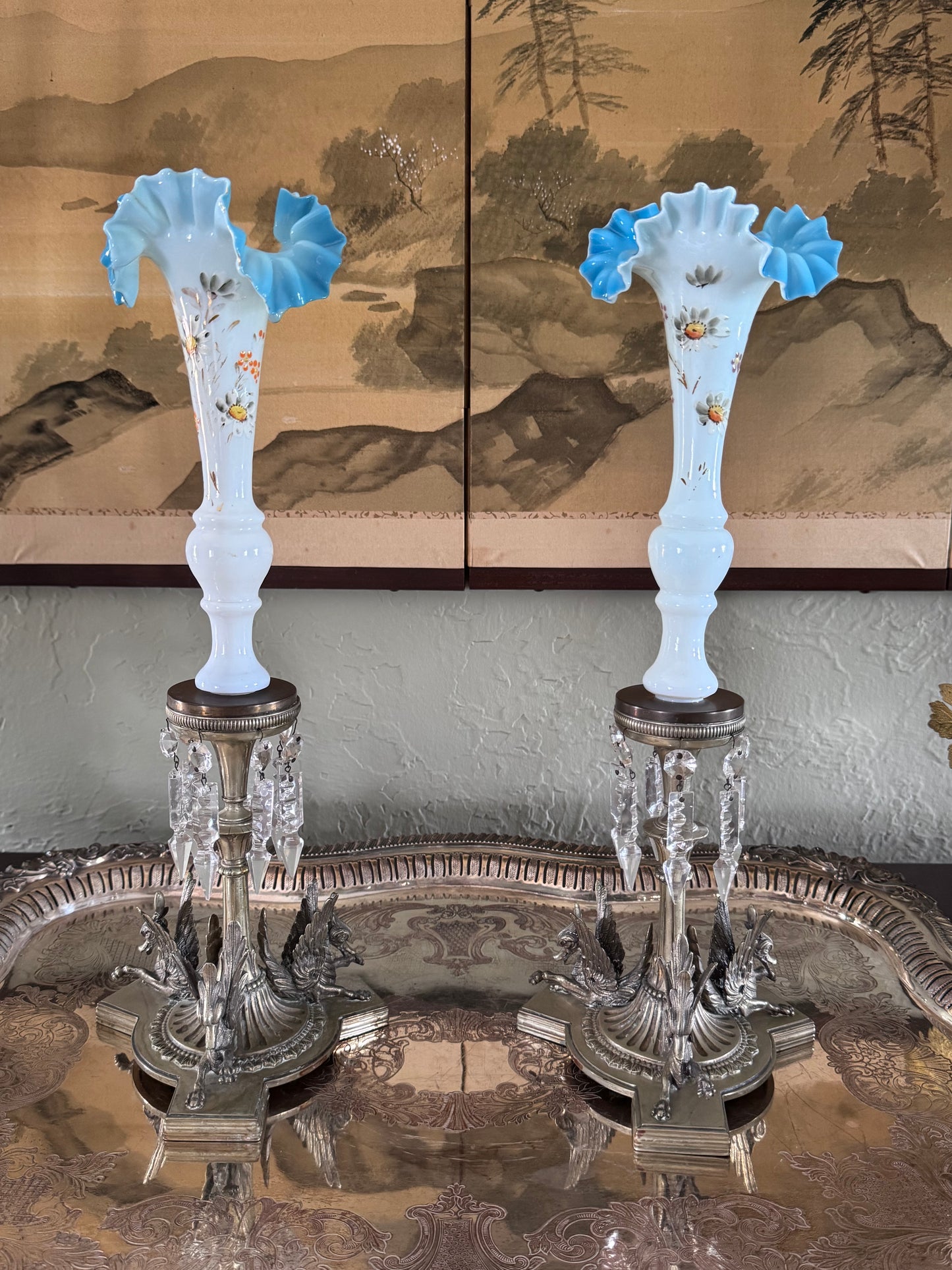 Antique Griffin Glass Epergne Vases Candlesticks Crystal Prisms Pair 18” RARE PAIR!!!